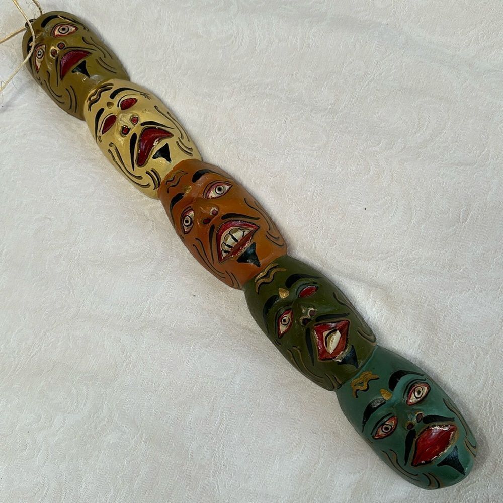Art Vintage Painted Wood Decor Folk Art Totem Unusual Monster Faces